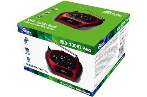 RITMIX RBB-100BT red 3 Вт * 2, Bluetooth, FM-радио, автопоиск радиостанций, телескопическая антенна, воспроизведение с USB/SD, аудио формат: MP3, AUX, фото 3