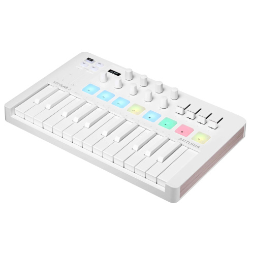 Arturia MiniLAB 3 Alpine White 25 клавишная MIDI-клавиатура пэд-контроллер, 9 регуляторов, 8 RGB пэдов, 8 фейдеров, дисплей, сенсорные регуляторы Pitc фото 3