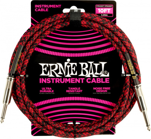 ERNIE BALL 6394 кабель инструментальный, оплетёный, 3,05 м, прямой/угловой джеки, красный/черны