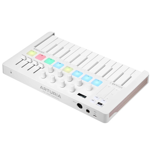 Arturia MiniLAB 3 Alpine White 25 клавишная MIDI-клавиатура пэд-контроллер, 9 регуляторов, 8 RGB пэдов, 8 фейдеров, дисплей, сенсорные регуляторы Pitc фото 4