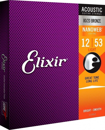 Elixir 11052 NanoWeb струны для акустической гитары Light 12-53 бронза 80/20