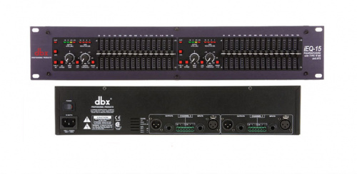 dbx iEQ15 графический эквалайзер 2-канальный с системой шумоподавления Type V, подавителем обратной связи AFS, лимитером PeakStopPlus, 2/3 октавный с 