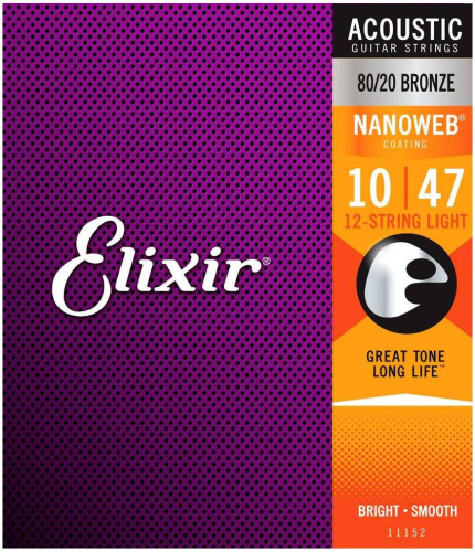 Elixir 11152 NanoWeb струны для 12-стр. акустич. гитары Light 10-47 бронза 80/20