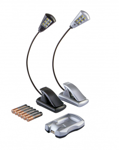 K&M 12289-000-00 комплект из 2х подсветок для нот (чёрная и серебристая), гибкая шея. прищепка, 6 LED,батарейки и магнитный держатель в комплекте фото 2